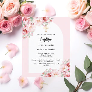 Pink florals arch gold girl baptism invitation