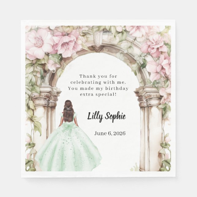 Pink florals arch green dress birthday luncheon napkin (Front)