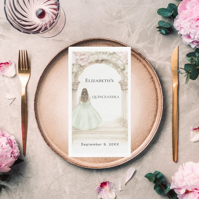 Pink florals arch green dress birthday luncheon napkin (Creator Uploaded)