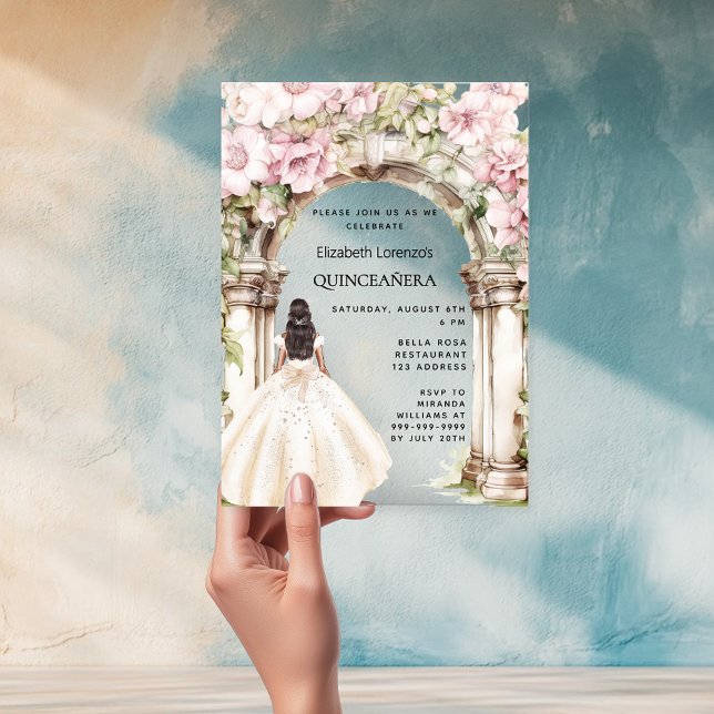 Pink florals arch white dress clear Quinceanera Acrylic Invitations (Creator Uploaded)