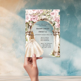 Pink florals arch white dress clear Sweet 16 Acrylic Invitations