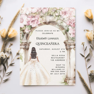 Pink florals arch white dress Quinceanera Invitation
