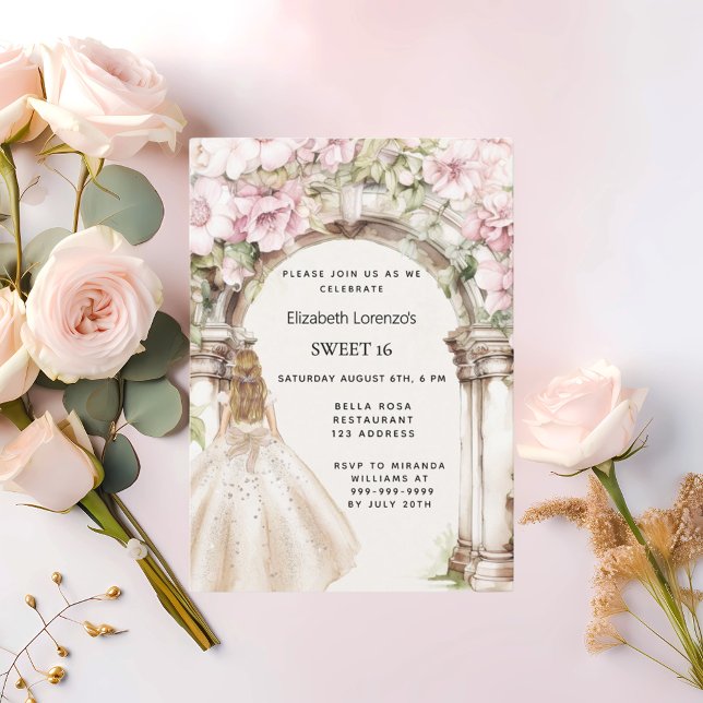 Pink florals arch white dress Sweet 16 Invitation (Creator Uploaded)