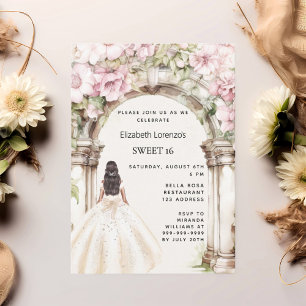 Pink florals arch white dress Sweet 16 Invitation