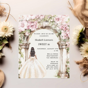 Pink florals arch white dress Sweet 16 invitation