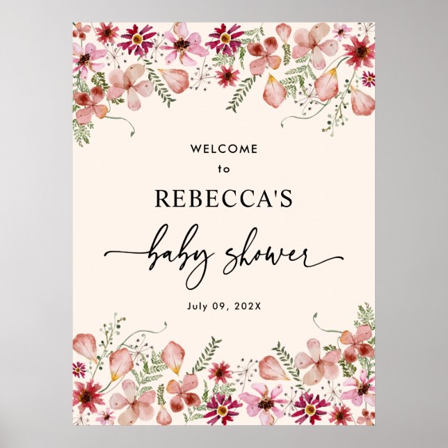 Pink Florals Baby Shower Welcome Sign Poster (Front)
