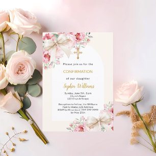 Pink florals bow arch beige Confirmation Invitation