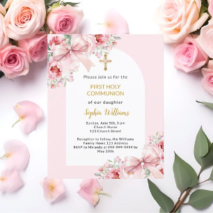 Pink florals bow arch First Communion invitation