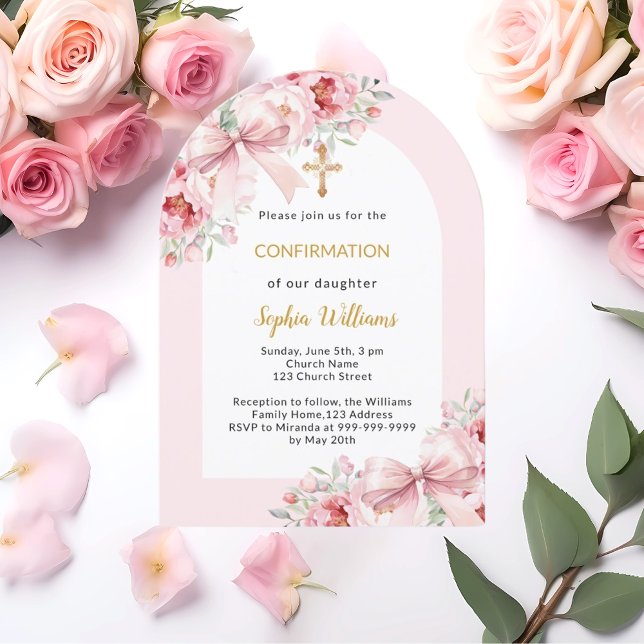 Pink florals bow arch girl Confirmation Invitation (Creator Uploaded)