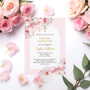 Pink florals bow arch girl First Communion Invitation