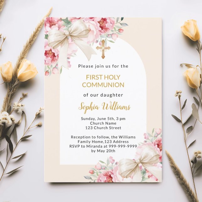 Pink florals bow arch girl First Communion Invitation (Creator Uploaded)