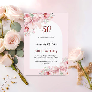 Pink florals bows arch birthday invitation