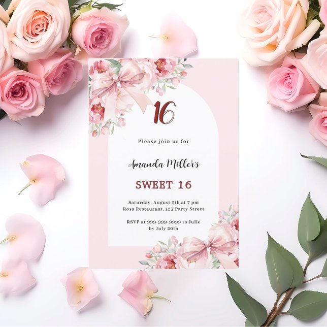 Pink florals bows arch luxury Sweet 16 Invitation (Creator Uploaded)