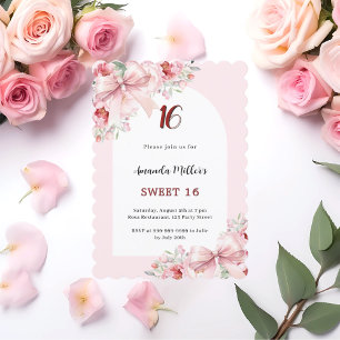Pink florals bows arch scalloped Sweet 16 Invitation