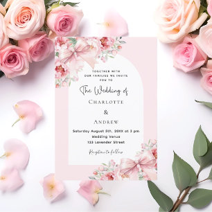 Pink florals bows arch wedding invitation