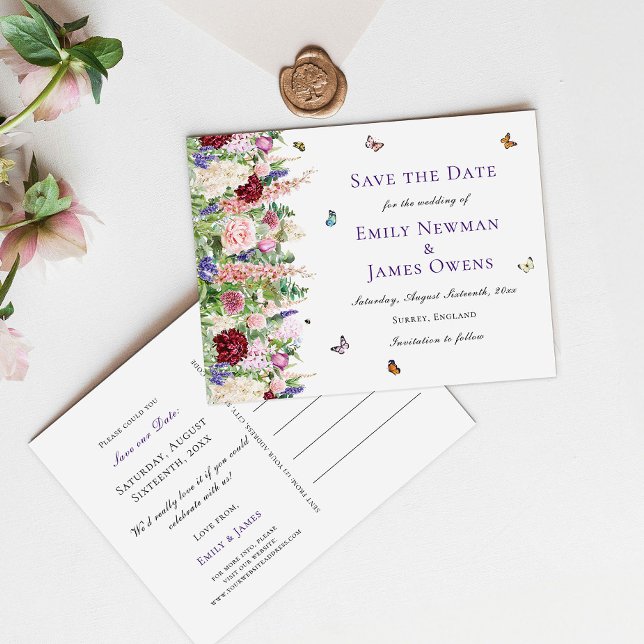 Pink Florals & Butterflies | Wedding Save the Date Announcement Postcard (Creator Uploaded)