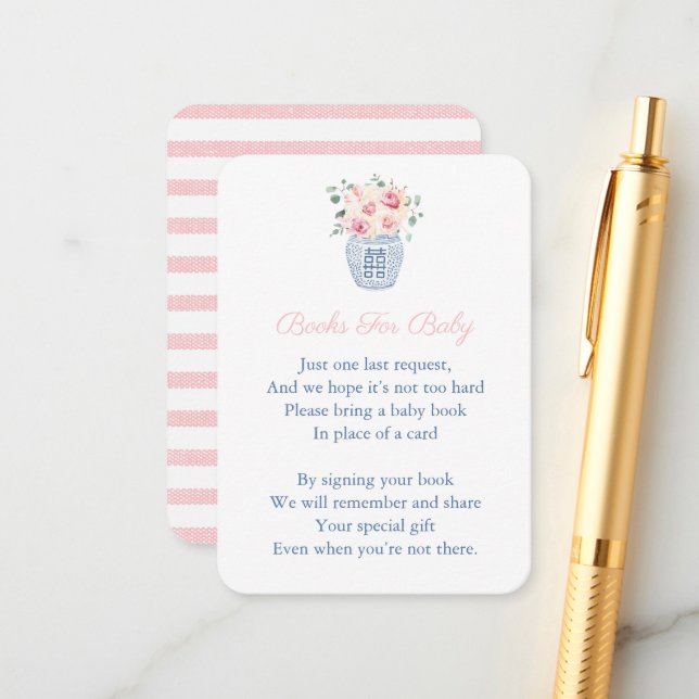 Pink Florals Chinoiserie Bring A Book Baby Shower Enclosure Card (Front/Back In Situ)