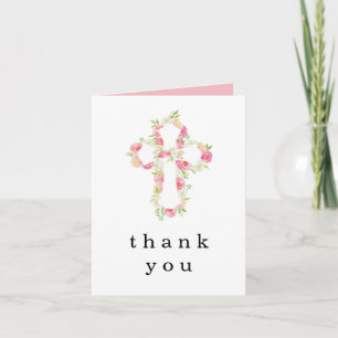 Pink Florals Cross Baptism Christening Thank You Invitation