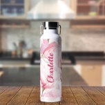 Pink florals custom name water bottle<br><div class="desc">Pink and white magnolia florals. Personalise and add your name.  White brushstroke under the name.</div>