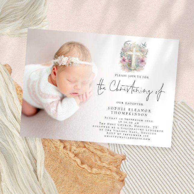 Pink Florals Foliage Cross Photo Christening  Invitation (Creator Uploaded)