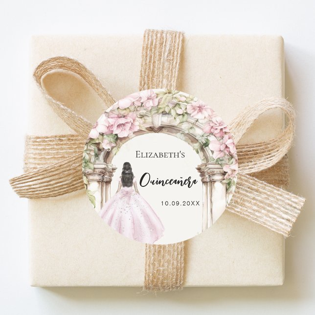 Pink florals garden marble arch dress Quinceanera Classic Round Sticker (Creator Uploaded)