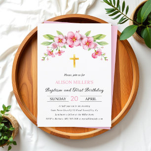 Pink florals gold cross baptism and First Birthday Invitation
