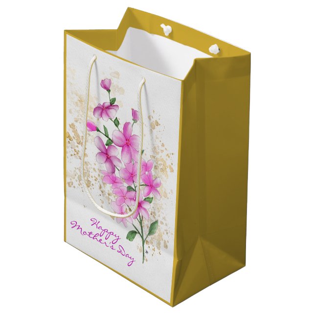 Pink Florals Gold Details | Happy Mother's Day  Medium Gift Bag (Front Angled)