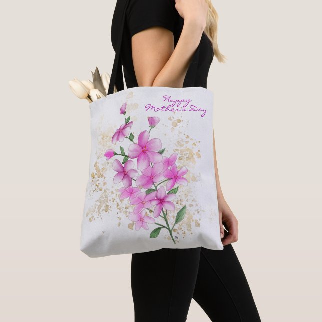 Pink Florals Gold Details | Happy Mother's Day  Tote Bag (Close Up)