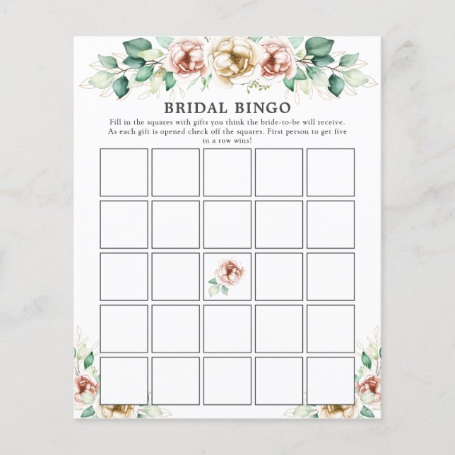 Pink Florals Greenery Bridal Shower Bingo Game (Front)