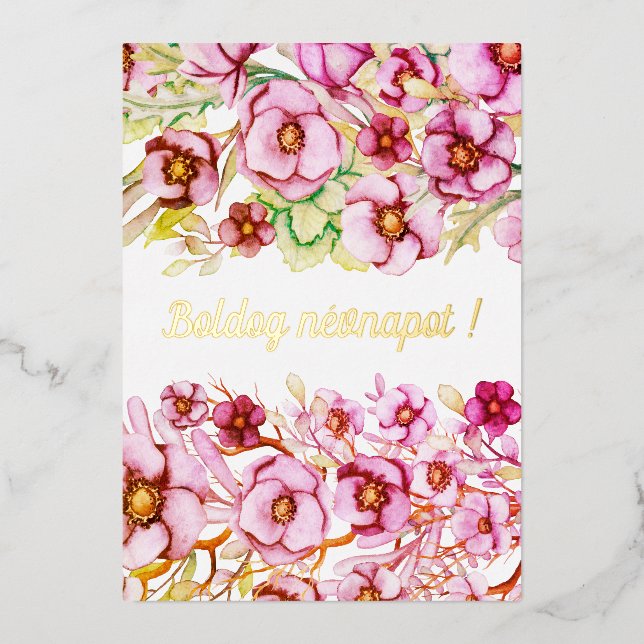 Pink florals - Hungarian name day  Foil Holiday Card (Front)