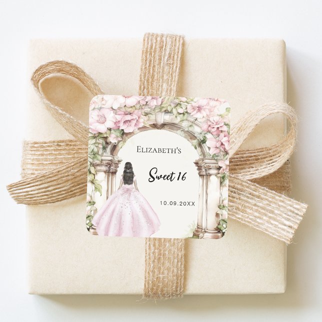 Pink florals marble arch dress Sweet 16 Square Sticker (Creator Uploaded)