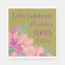 Pink Florals Personalised 100th Birthday Napkins