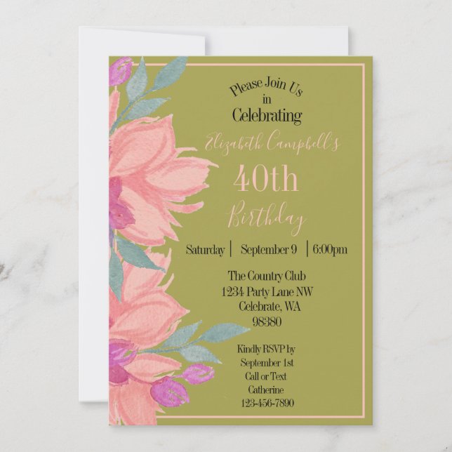 Pink Florals Personalised Birthday Invitation (Front)