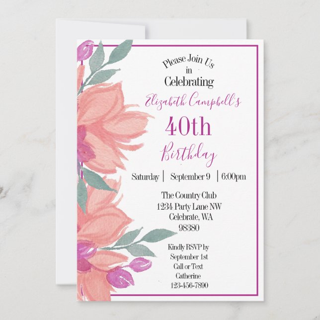 Pink Florals Personalised Birthday Invitation (Front)