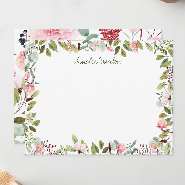 Pink Florals Personalised Flat Note Card (Creator Uploaded)