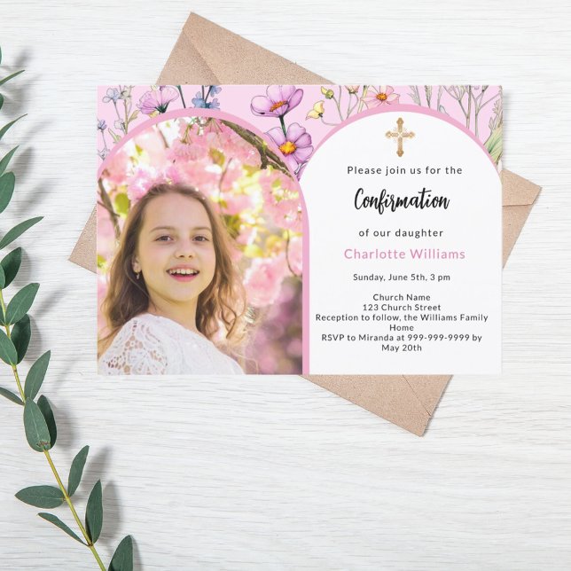 Pink florals photo arch girl Confirmation Invitation (Creator Uploaded)