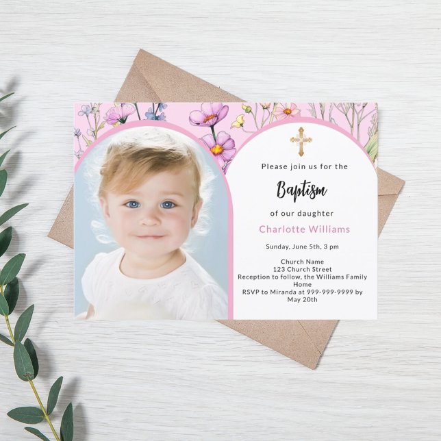 Pink florals photo arch girl cross Baptism Invitation (Creator Uploaded)