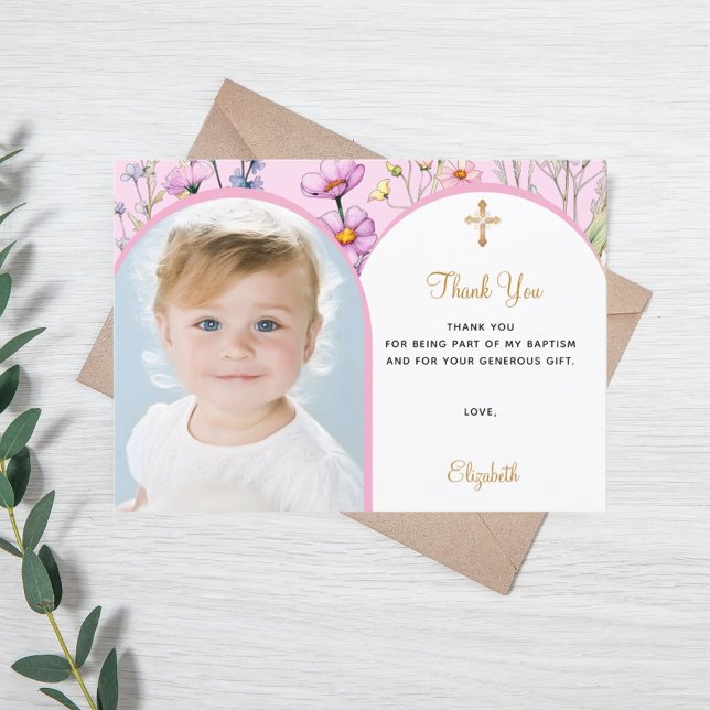 Pink florals photo arch girl cross Baptism Thank You Card (Creator Uploaded)