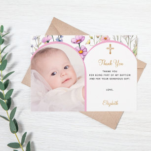 Pink florals photo arch girl cross Baptism Thank You Card