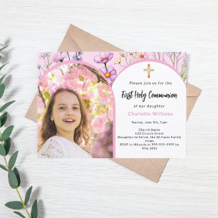 Pink florals photo arch girl First Holy Communion Invitation