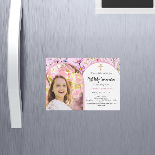 Pink florals photo arch girl First Holy Communion Magnetic Invitation