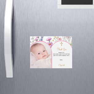 Pink florals photo Baptism Thank you magnet card