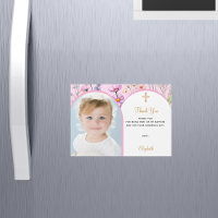 Pink florals photo Baptism Thank you magnet card
