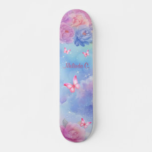 Pink Florals & Pink Butterflies Rainbow Clouds Skateboard