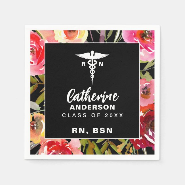 Pink Florals RN BSN Nurse Napkin (Front)