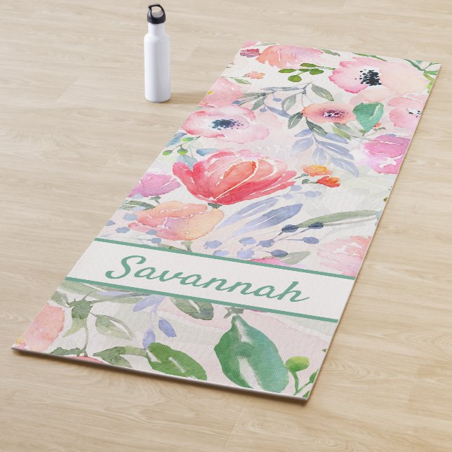 Pink florals rose gold white name yoga mat (In Situ)