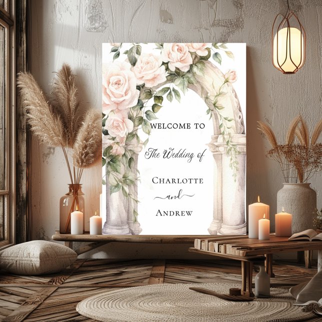 Pink florals roses arch romantic wedding welcome poster (Creator Uploaded)