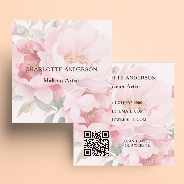 Pink florals roses QR code Square Business Card (Creator Uploaded)