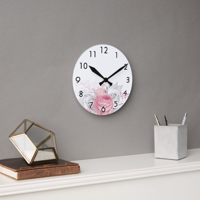 Pink florals roses white elegant round clock (Office)