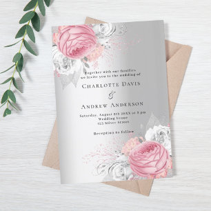 Pink florals silver elegant wedding invitation